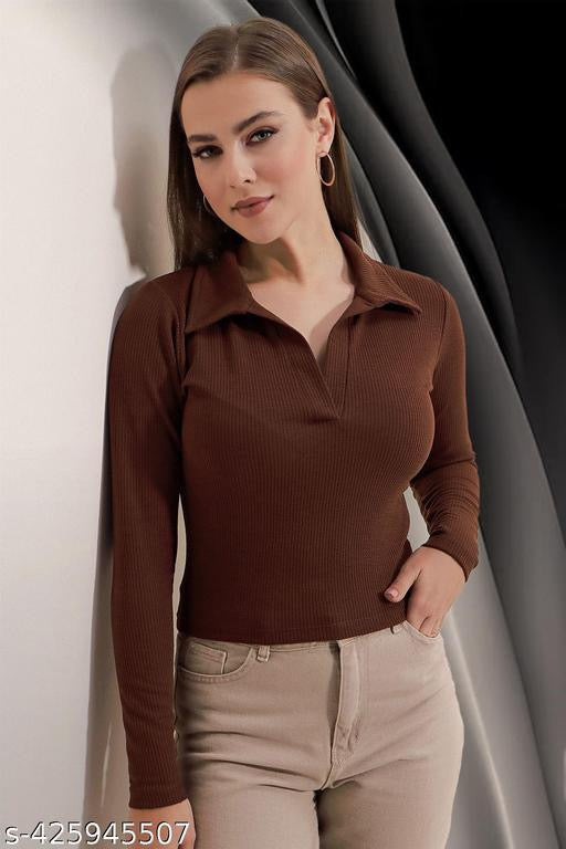 Casual Polyester Blend Ribbed Collar V-Neck &amp; Regular Long Sleeves Stylish Coffee Top