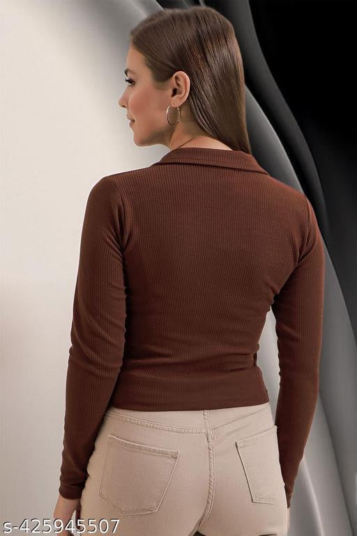 Casual Polyester Blend Ribbed Collar V-Neck &amp; Regular Long Sleeves Stylish Coffee Top