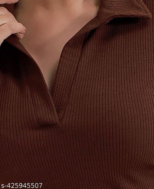 Casual Polyester Blend Ribbed Collar V-Neck &amp; Regular Long Sleeves Stylish Coffee Top